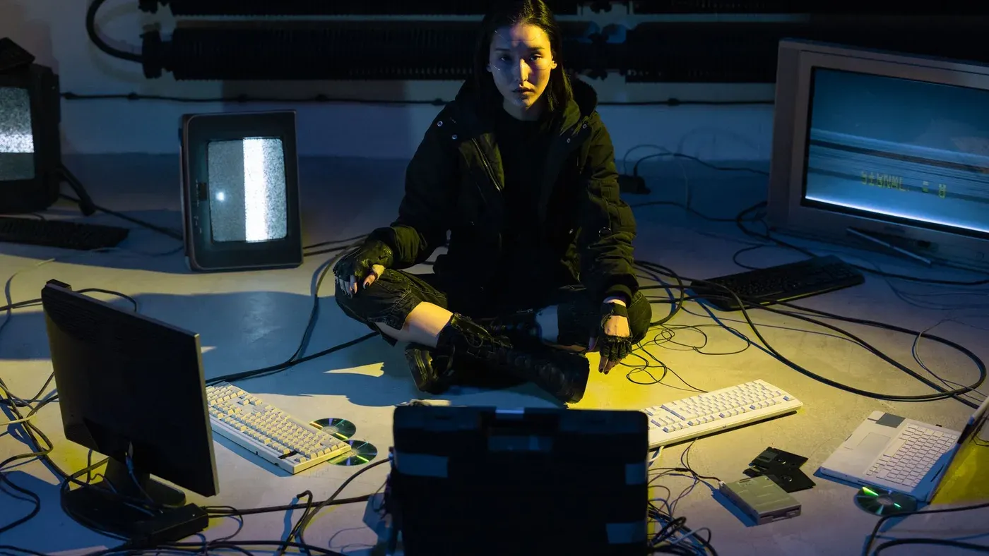 Kvinna sitter på golvet i ett rum fyllt med äldre datorskärmar och tangentbord.