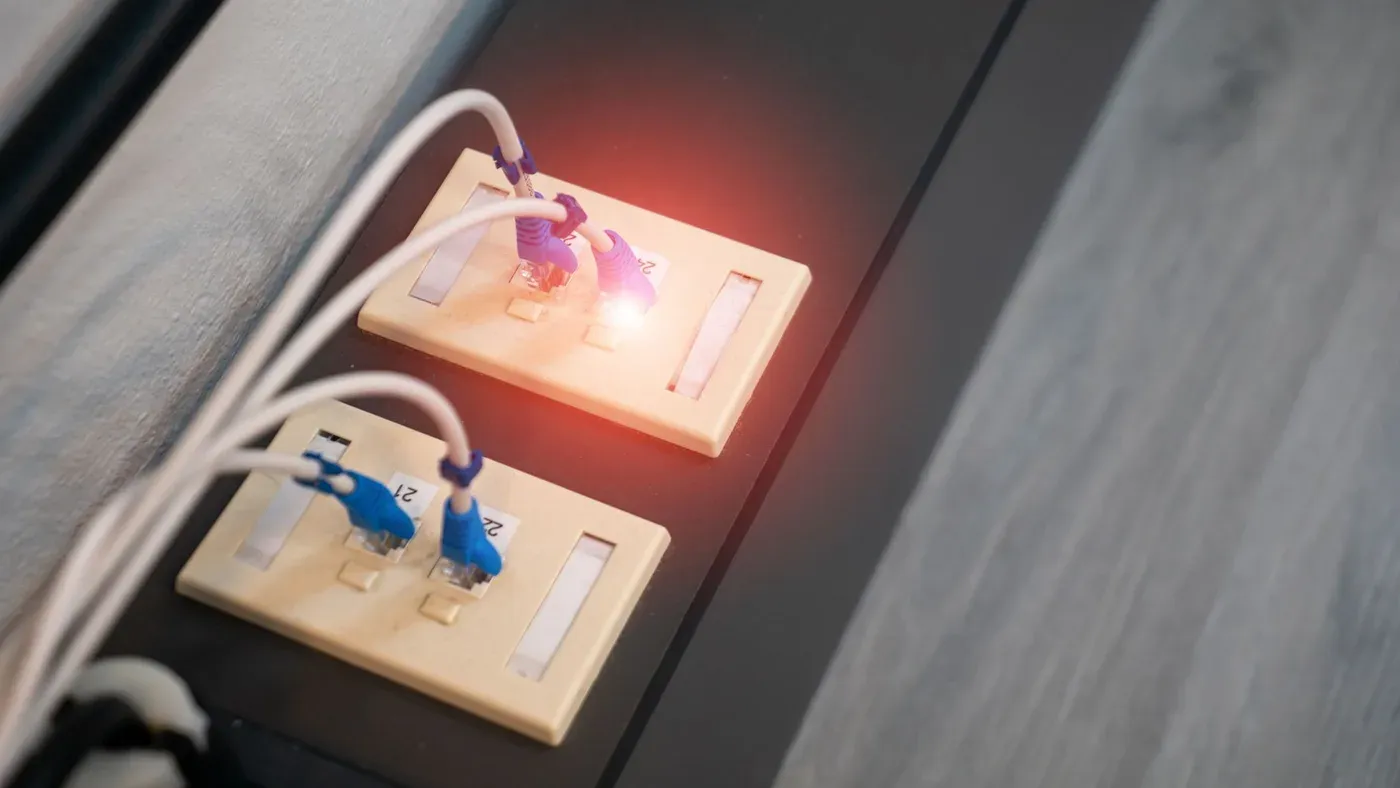 Ethernet-portar med kablar och tänd LED-indikator.