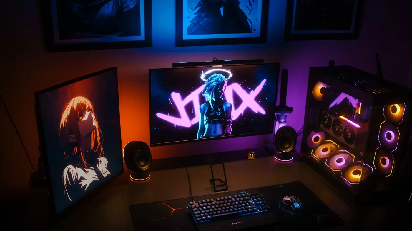 Modern gamingplats med RGB-belysning, dubbla skärmar och en dator med färgglada komponenter.